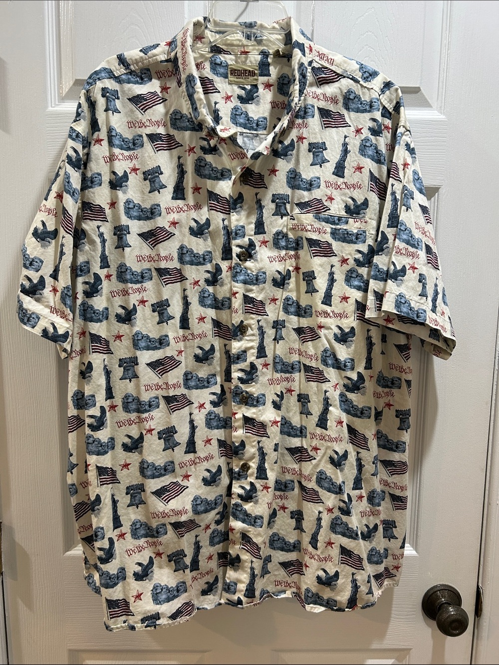 RedHead Men’s Short-Sleeve Button-Down Patriotic Print Shirt - Cream/Blue/Red